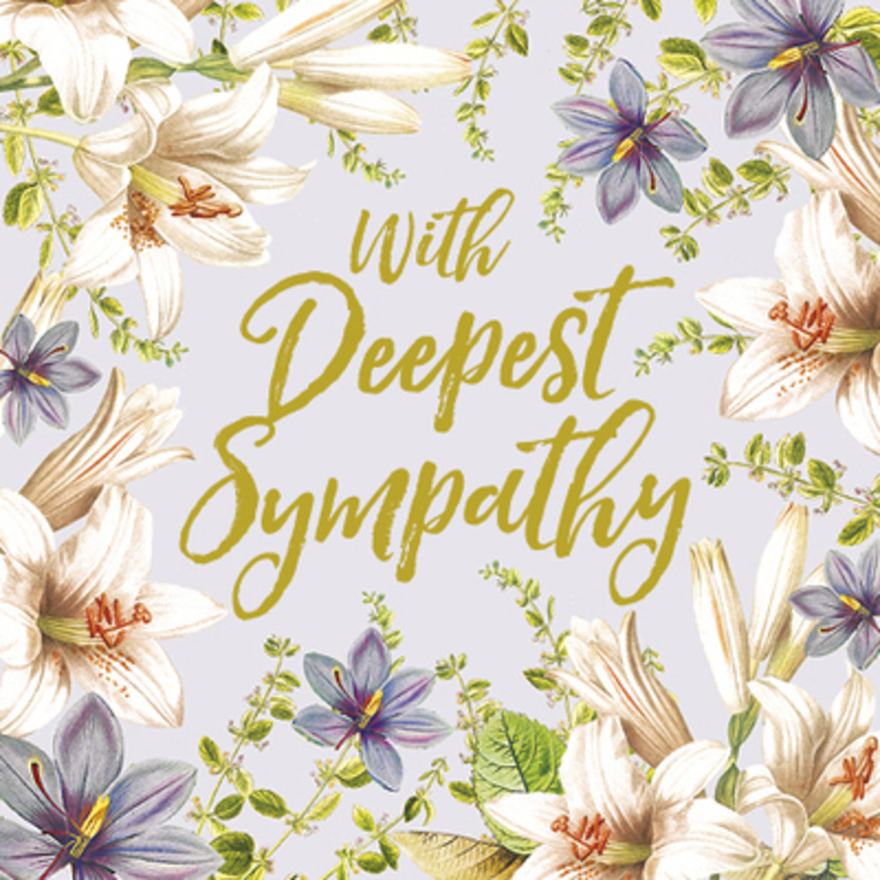 This sympathy greetings card from designer Lucy Ledger has a floral lily design and With Deepest Sympathy written on the front. This thoughful card is ideal to send to someone who has lost someone special and is blank inside for you to write your own message. It comes complete with an envelope and is a lovely sympathy card from Paper Rose.
